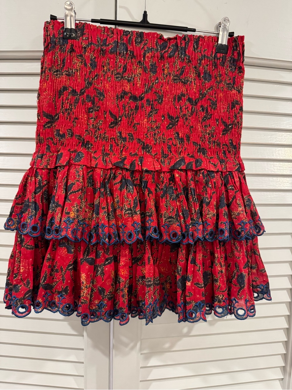 Red Floral Smocked Tiered Mini Skirt with Navy Trim